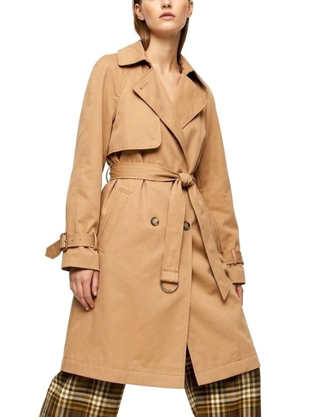 Topshop Double Breasted Belted Trench Coat Women Size 2 Camel Lightweight Jacket